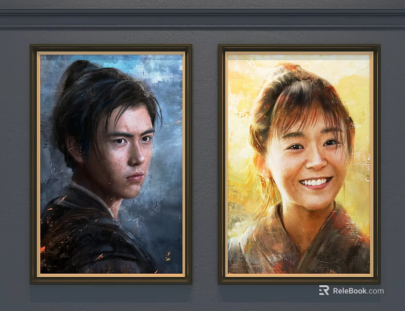 Portrait Paintings of Male and Female Figures in Oil Painting Style Framed on Wall 3d model 