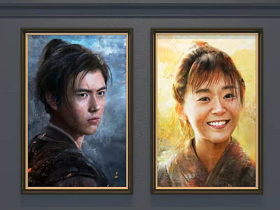 Portrait Paintings of Male and Female Figures in Oil Painting Style Framed on Wall 3d model
