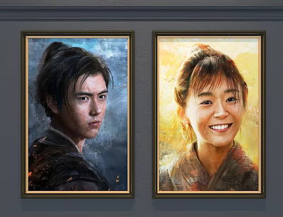 Portrait Paintings of Male and Female Figures in Oil Painting Style Framed on Wall 3d model