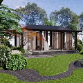 Garden Pergola with Black Roof Surrounded by Trees Greenery and Water Feature