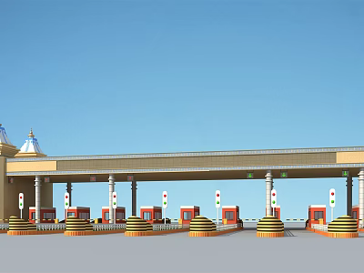 Toll Station With Canopy Structure Toll Booths Pillars And Traffic Signs Under Blue Sky 3d model