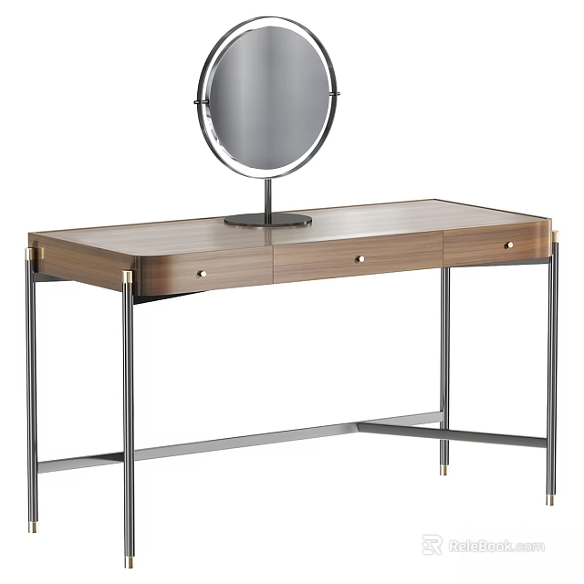 Sleek Modern Dressing Table With Round Mirror Wooden Top Metal Legs And Three Drawers 3d model 