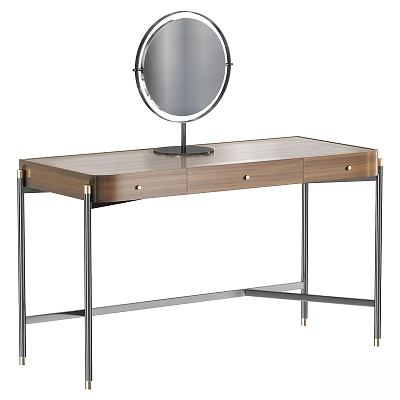 Sleek Modern Dressing Table With Round Mirror Wooden Top Metal Legs And Three Drawers 3d model