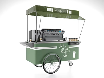 Mobile Coffee Cart With Green Awning Coffee Machine And Coffee Cups 3d model