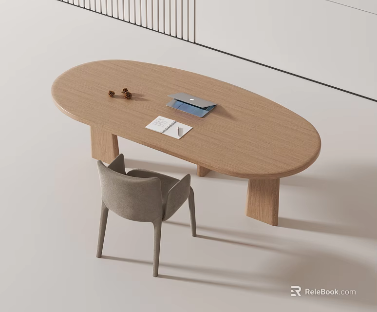 Minimalist Oval Light Wood Desk With Decorative Items Blue Notebook White Papers And Gray Chair 3d model 