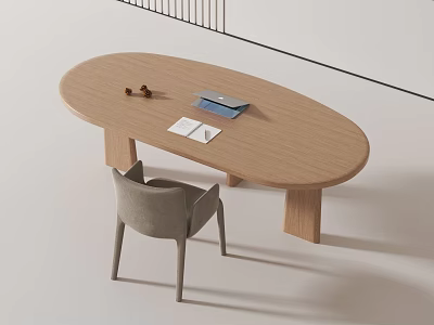 Minimalist Oval Light Wood Desk With Decorative Items Blue Notebook White Papers And Gray Chair 3d model