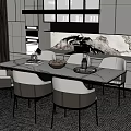 Modern Dining Table Set With Marble Top Grey Chairs Green Plant And Natural Light