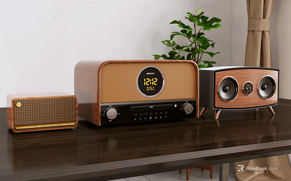 Modern Audio Speakers System With Wooden Design Digital Display And Tabletop Setup 3d model