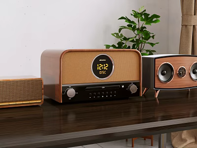 Modern Audio Speakers System With Wooden Design Digital Display And Tabletop Setup 3d model