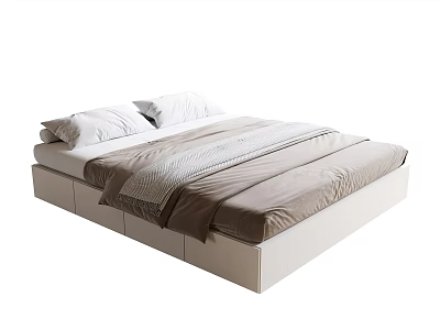 Modern Platform Bed With White Frame Mattress And Gray Bedding Pillows 3d model