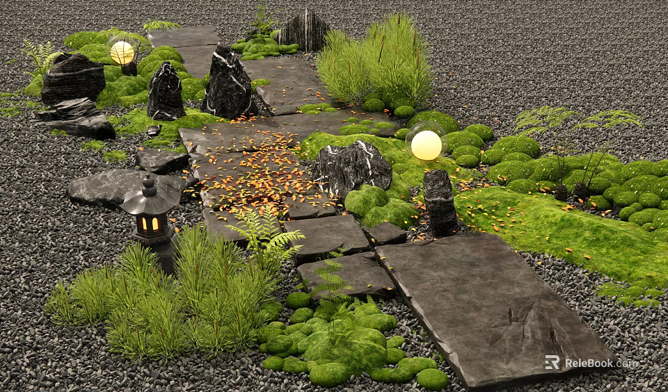 Natural Garden Stepping Stones Path With Moss Covered Rocks Lanterns And Fallen Leaves 3d model 