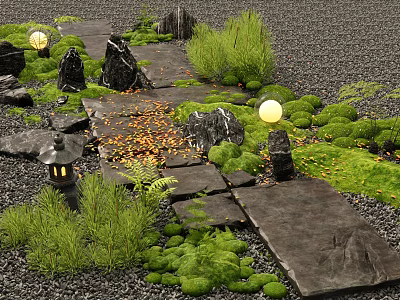 Natural Garden Stepping Stones Path With Moss Covered Rocks Lanterns And Fallen Leaves 3d model