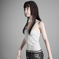 Young Woman In White Tank Top Dark Shorts Red Shoes With Three Different Poses