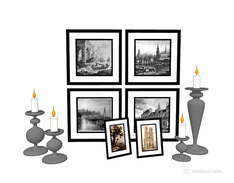 Stylish Decorative Ornament Set With Black White Architectural Photo Frames And Candle Holders 3d model 