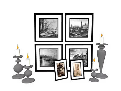 Stylish Decorative Ornament Set With Black White Architectural Photo Frames And Candle Holders 3d model