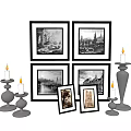 Stylish Decorative Ornament Set With Black White Architectural Photo Frames And Candle Holders