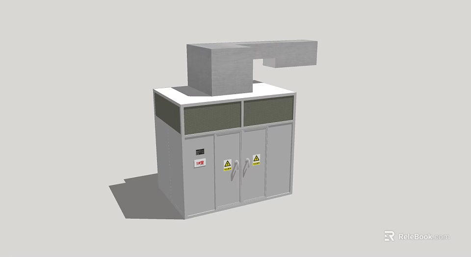 Industrial Equipment Grey Cabinet With Top Extended Structure Double Doors Warning Signs And Red Label 3d model 
