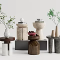 Modern Round Side Tables With Wooden Stone Bases Green Plants And Decorative Vases