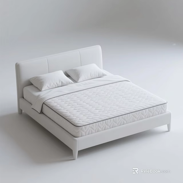 White Modern Double Bed Featuring Upholstered Headboard And Two Pillows On Mattress 3d model