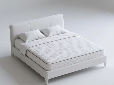 White Modern Double Bed Featuring Upholstered Headboard And Two Pillows On Mattress 3d model