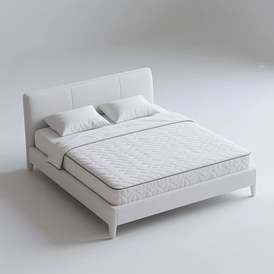 White Modern Double Bed Featuring Upholstered Headboard And Two Pillows On Mattress 3d model