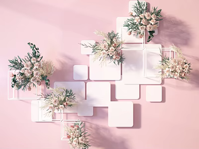 Pink Background Wall with White Square Frames and Pink White Flower Decorations 3d model