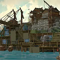 Charming Garden Waterfront Structure With Wooden Staircases Canvas Coverings And Boats