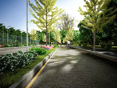 Scenic Municipal Road With Lush Trees Green Belts Street Lamps And Bicycle Path 3d model
