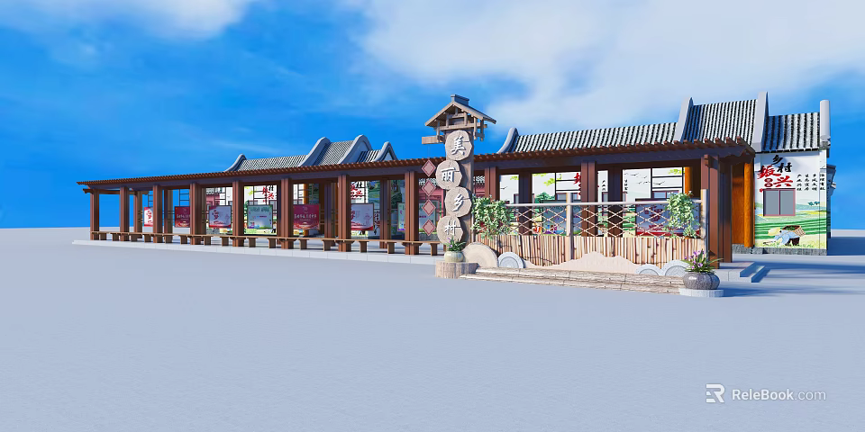 Chinese Garden Landscape With Traditional Wooden Architecture Green Plants And Blue Sky 3d model 