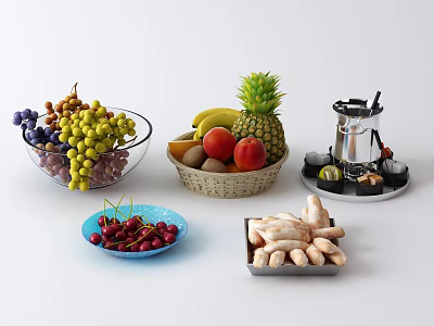 Fresh Assorted Fruits with Grapes Pineapple Bananas Apples Cherries Kiwis in Bowls and Basket 3d model