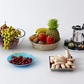 Fresh Assorted Fruits with Grapes Pineapple Bananas Apples Cherries Kiwis in Bowls and Basket