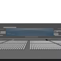 Modern Stage With Blue Lighting Arranged Seats Large Screen And Geometric Decorations