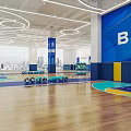 Modern Basketball Gym Interior Design With Wooden Flooring Hoops Blue Columns And Circular Lights