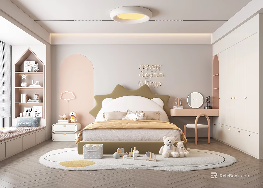 Soft Toned Kids Room Interior With Crown Headboard Stuffed Toys Round Rug And Desk Chair 3d model 