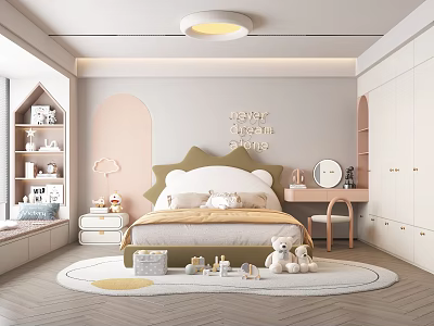 Soft Toned Kids Room Interior With Crown Headboard Stuffed Toys Round Rug And Desk Chair 3d model