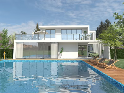 Modern Detached Villa with Swimming Pool Large Windows Balcony Greenery and Lounge Chairs 3d model