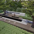 Modern Residential Building Landscape With Lush Greenery Outdoor Seating Bench And Circular Stone Stools