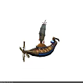 Cartoon Scene Featuring A Fantasy Sailboat With Bird Shaped Prow Blue Hull And Golden Accents