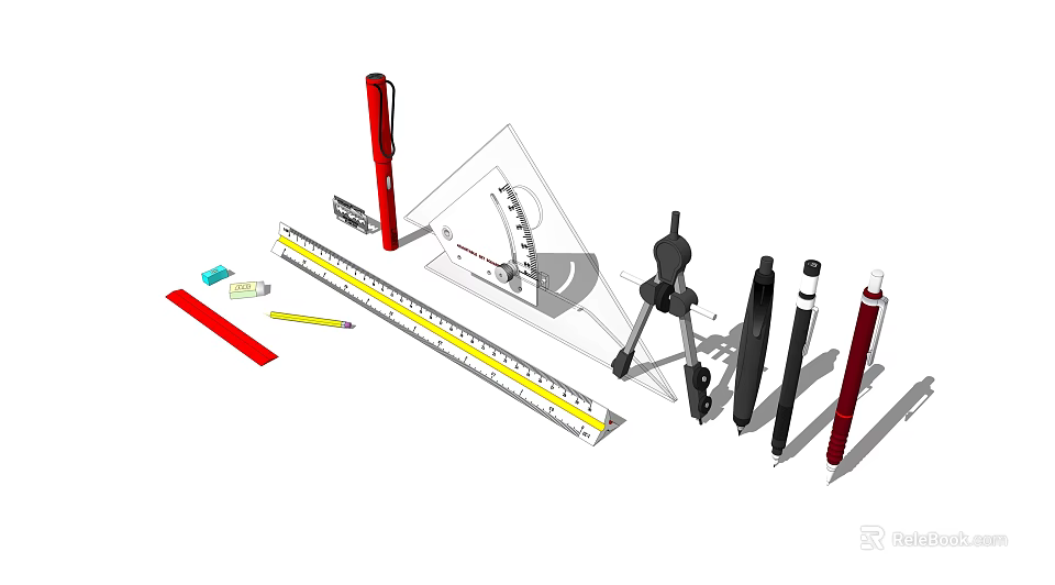 Essential Stationery Tools Including Ruler Compass Triangle Pencil Eraser And Pens 3d model 