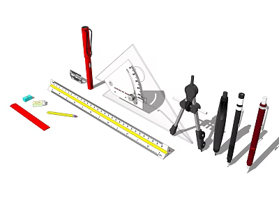 Essential Stationery Tools Including Ruler Compass Triangle Pencil Eraser And Pens 3d model