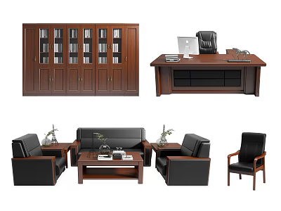 Modern Office Desk Setup With Wooden Bookshelf Black Chair Sofa Coffee Table And Office Supplies 3d model