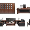 Modern Office Desk Setup With Wooden Bookshelf Black Chair Sofa Coffee Table And Office Supplies