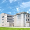 Modern Office Building With Glass Curtain Walls Gray Exterior And Green Lawn Under Blue Sky
