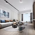 Modern Studio Apartment Interior With Bed Sofa Wooden Desk Artworks And Gray Tones Lighting