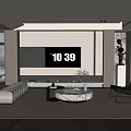 Modern Living Room Interior With Large TV Fireplace Beige Sofa And Marble Coffee Table