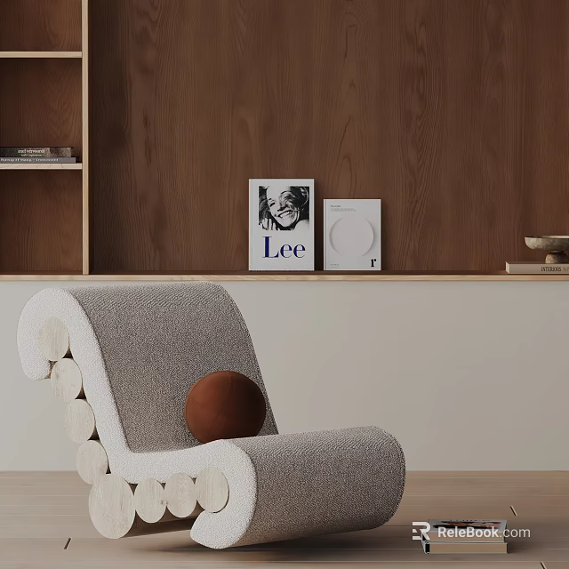 Gray Upholstered Accent Chair With Brown Decorative Ball Against Wooden Backdrop Wall Featuring Framed Art 3d model 