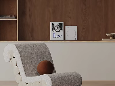 Gray Upholstered Accent Chair With Brown Decorative Ball Against Wooden Backdrop Wall Featuring Framed Art 3d model