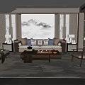 Modern Chinese Living Room Interior With Sofa Coffee Table Decorative Painting And Plant