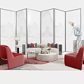 Elegant Living Room Sofa Set With Red Armchairs Coffee Table And Landscape Screen 3d model