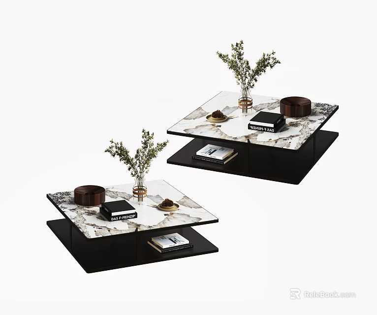 Elegant Modern Marble Coffee Table Set with Lower Shelf and Decorative Plants 3d model